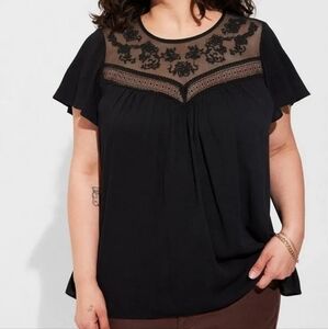 Torrid Washable Crinkle Gauze Flutter Sleeve Lace Mix Top Size 2 Black